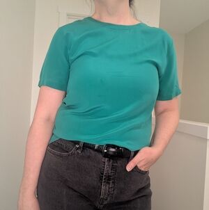 100% silk green short sleeve blouse for work, size M